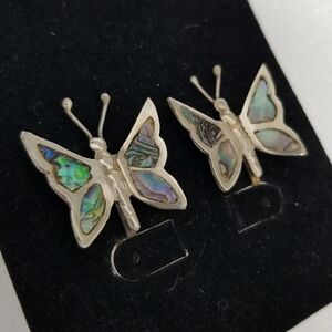 Vintage GCM MEXICO 925 Silver Abalone Butterfly Clip Earrings